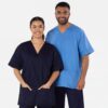Female wearing navy and male wearing hospital blue lightweight scrub tops