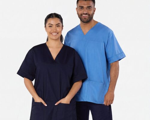 Female wearing navy and male wearing hospital blue lightweight scrub tops